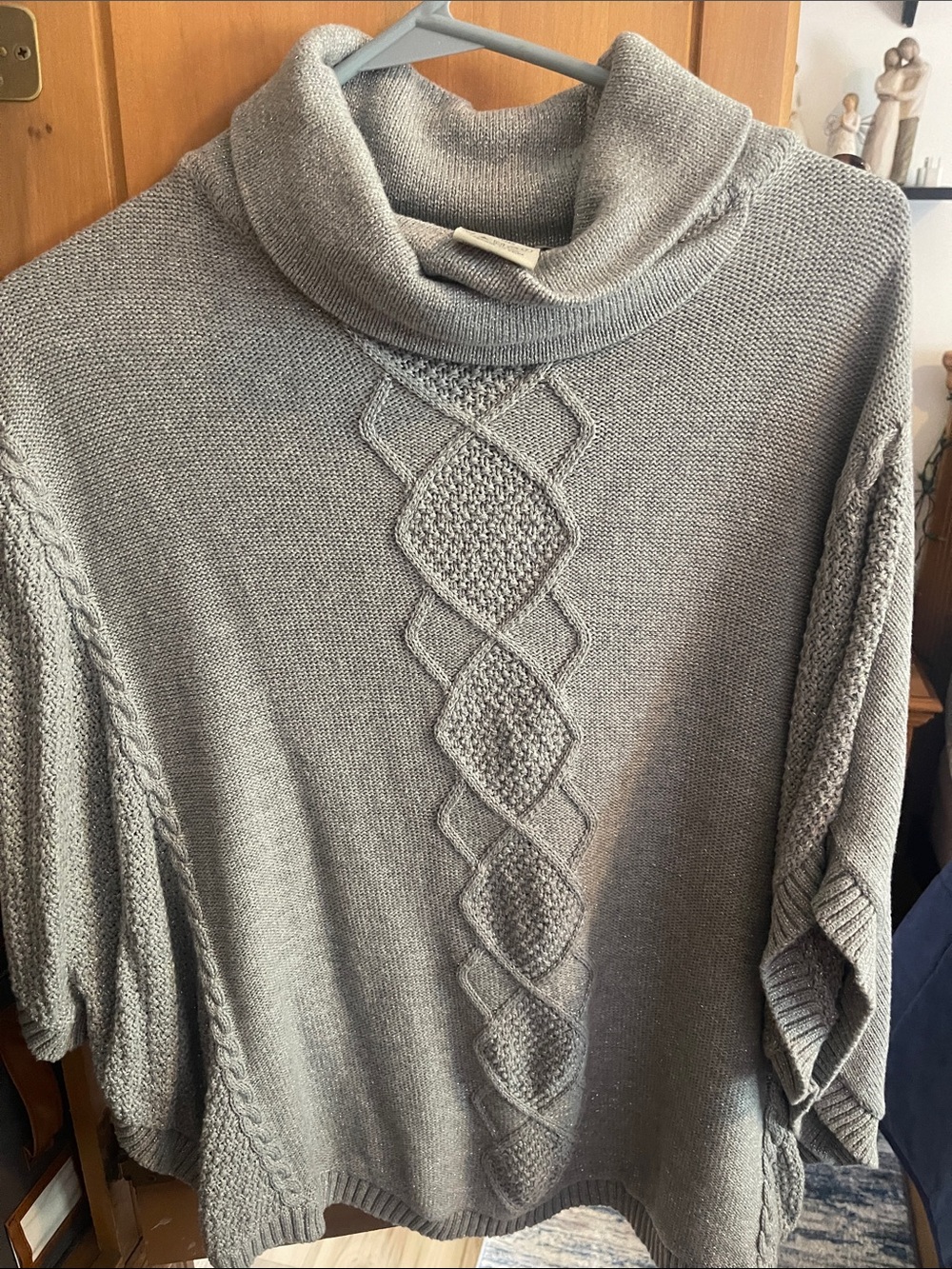 Charlie Paige Gray Cable-Knit Cowl Neck Sweater Poncho